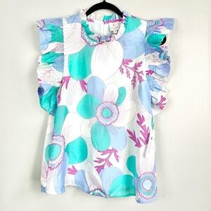 NWT! J Marie Size M • Floral Print Blouse Top Ruffle Sleeve.